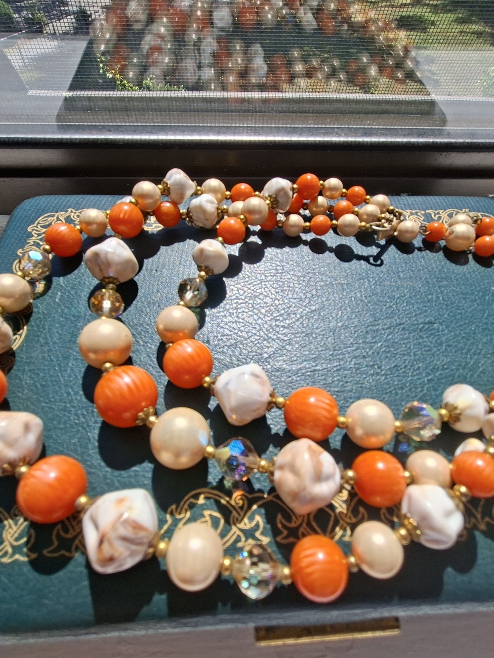 Vintage Orange Beaded Multi-Strand Acrylic  Necklace - Women Jewelry